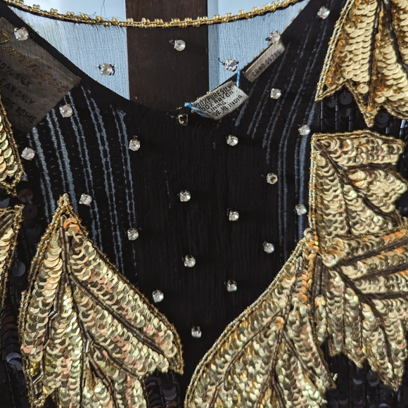 📼Stunning Vintage DOMINIQUE 3/4 sleeve sequin cascading leaf pattern dress - S - Picture 6 of 16